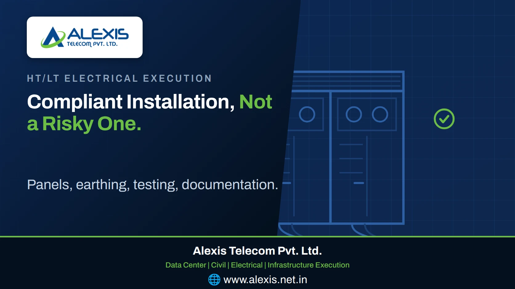 LT panel line with busbar chamber, cable entry and a bonded earth bar — HT/LT electrical execution by Alexis Telecom Pvt. Ltd.